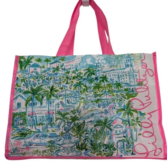 Lilly Pulitzer Reusable Shopping Bag Pink Vinyl Top Handle Tote Lightweight - Picture 5 of 9